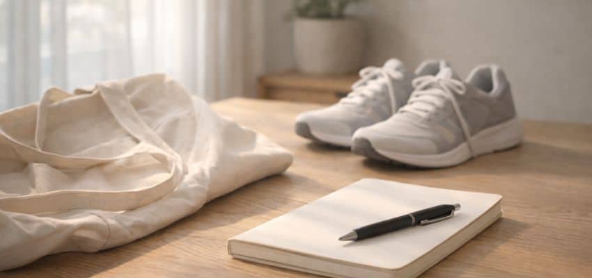 Minimalist everyday items arranged to fit a simple daily routine, creating a calm and intentional lifestyle