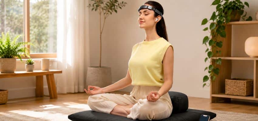 Smart meditation gear for beginners with black zafu and zabuton set, wearable meditation headband, app timer, and cozy home meditation setup.
