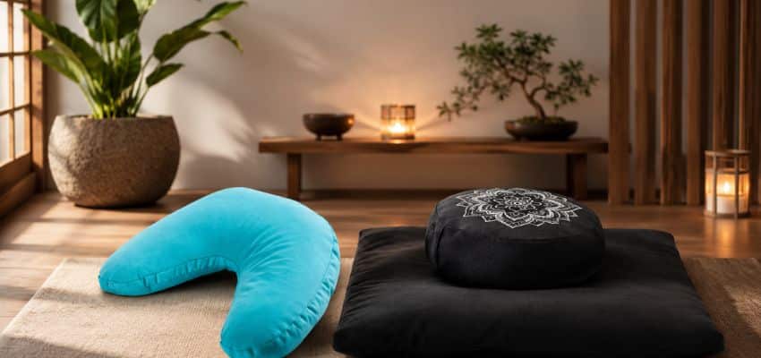 Best meditation cushions for beginners in a luxurious meditation room, featuring a turquoise V-shaped cushion and a black zafu with zabuton on a calm, cozy floor setup.