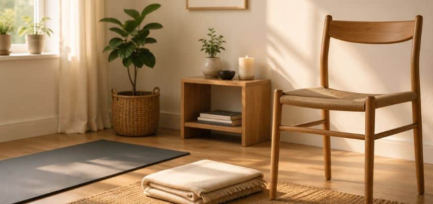 Simple meditation setup without a cushion using a chair, folded blanket, and yoga mat