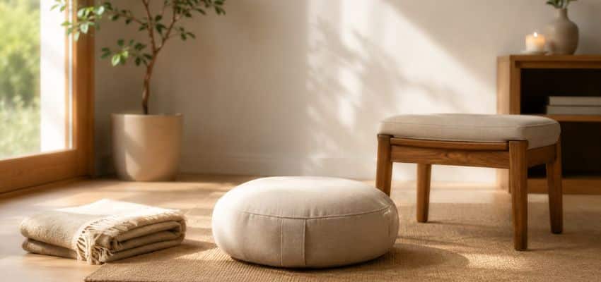 Do you need a meditation cushion? Calm minimalist meditation space with a floor cushion, folded blanket, and chair for beginner sitting options.