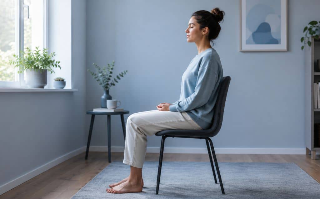 Beginner meditating on a regular chair without a cushion