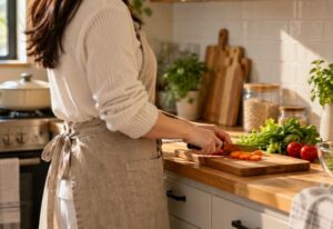 Kendra, the author behind Smart & Cozy Picks, wearing a linen apron and preparing vegetables in a cozy home kitchen,