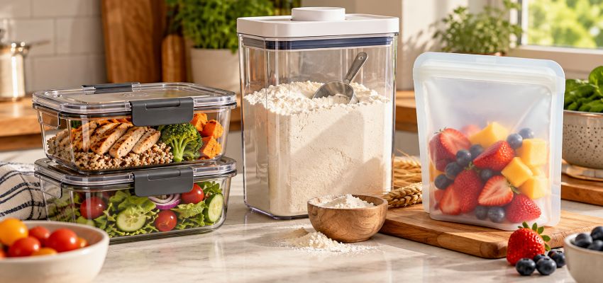 Food storage containers for everyday kitchen tasks, including stackable meal prep boxes, an airtight flour container, and a reusable silicone bag filled with fruit on a kitchen counter.